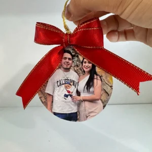 ❤️🎄 Esfera plana 7.5 cm Personalizada con Foto y Moño Rojo 🎄❤️