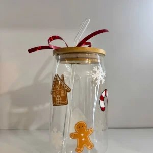 ❄️Vaso de Vidrio Navideño galleta de jengibre con Tapa de Bambú y Popote ❄️